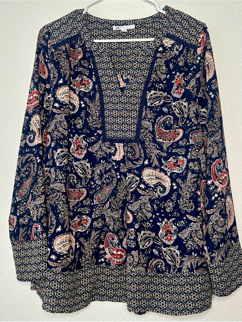 DR2 Navy Paisley V-Neck Tunic with Cream Printed Accents